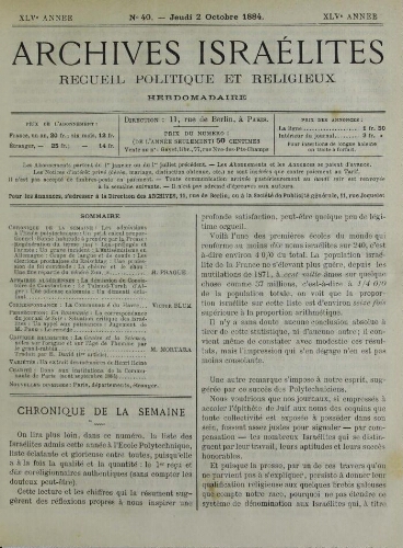 Archives israélites de France. Vol.45 N°40 (02 oct. 1884)